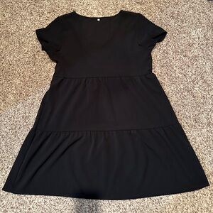 Women's Short Sleeve V Neck Loose Swing Ruffled Shift Tunic Dress (Black, Small)